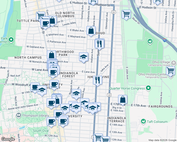 map of restaurants, bars, coffee shops, grocery stores, and more near 2132 Indianola Avenue in Columbus