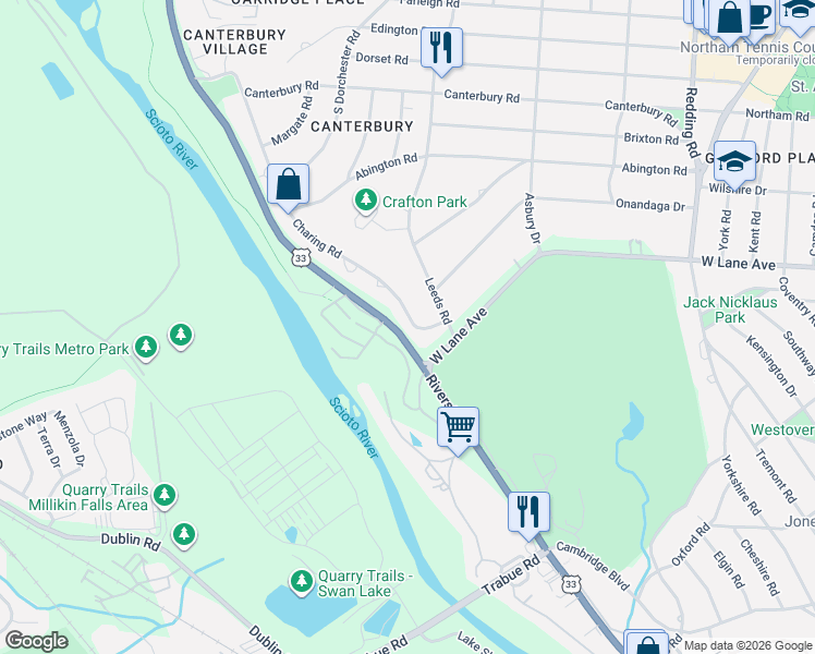 map of restaurants, bars, coffee shops, grocery stores, and more near 2560 Riverside Drive in Columbus