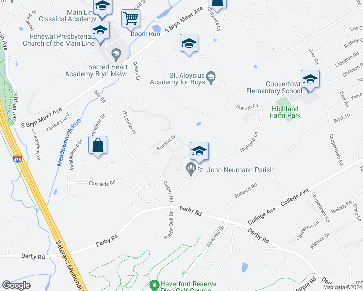 map of restaurants, bars, coffee shops, grocery stores, and more near 10 Summit Drive in Bryn Mawr