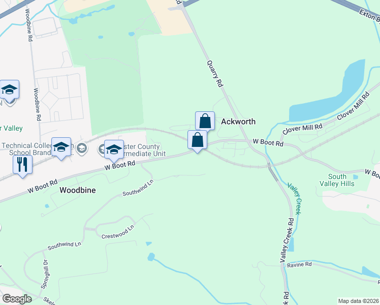 map of restaurants, bars, coffee shops, grocery stores, and more near 1055 Boot Road in Downingtown