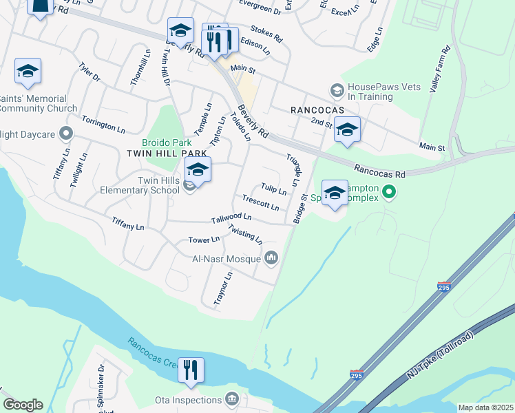map of restaurants, bars, coffee shops, grocery stores, and more near 4 Tulip Lane in Willingboro