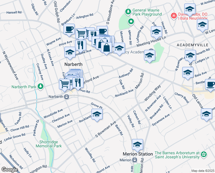 map of restaurants, bars, coffee shops, grocery stores, and more near 213 Avon Road in Narberth