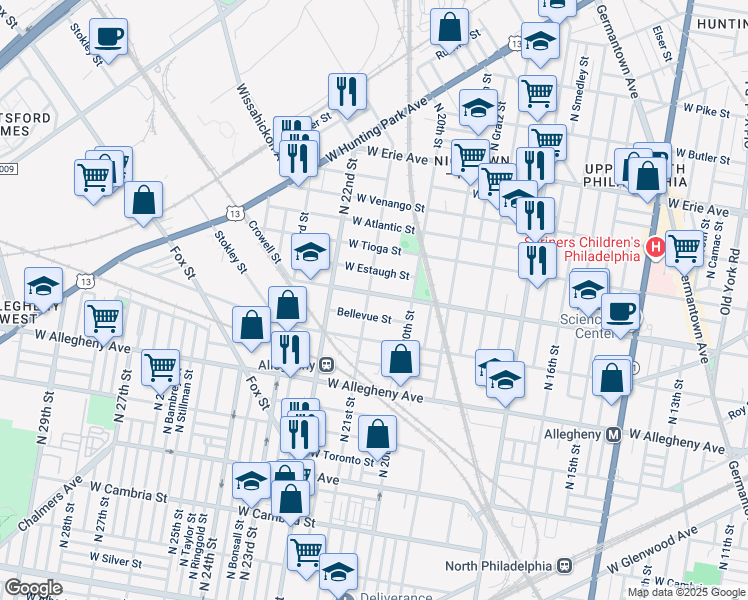 map of restaurants, bars, coffee shops, grocery stores, and more near 2036 West Ontario Street in Philadelphia