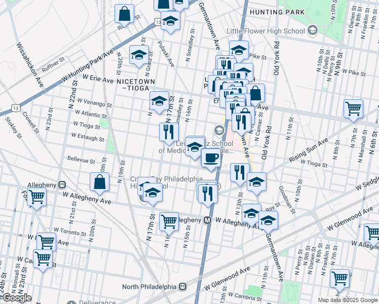 map of restaurants, bars, coffee shops, grocery stores, and more near 3432 North Sydenham Street in Philadelphia