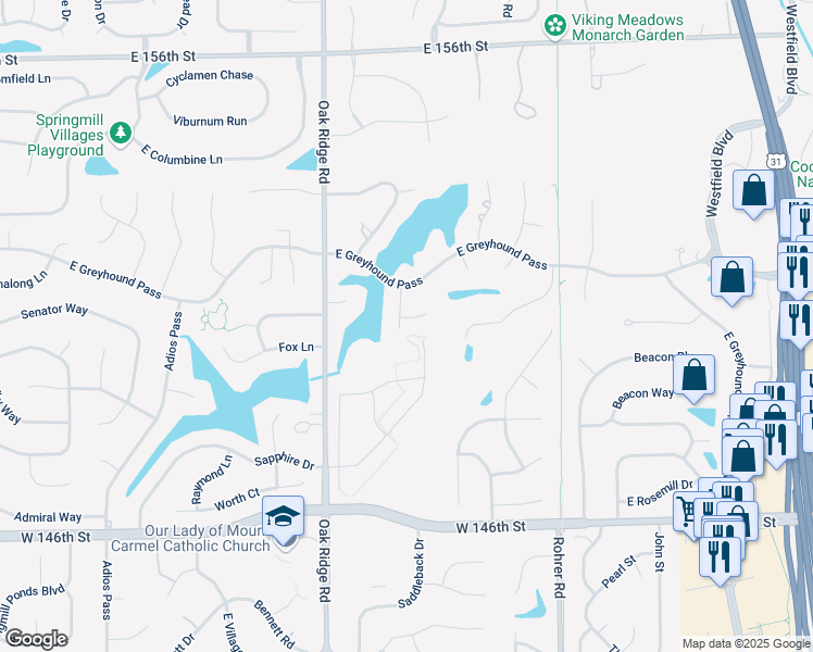 map of restaurants, bars, coffee shops, grocery stores, and more near 15009 Shoreway East Drive in Carmel