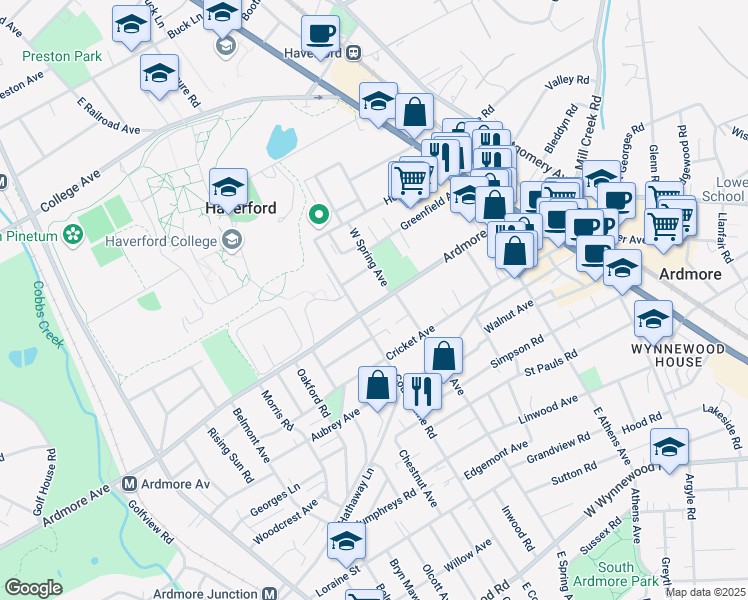 map of restaurants, bars, coffee shops, grocery stores, and more near 210 Ardmore Avenue in Ardmore