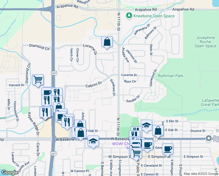map of restaurants, bars, coffee shops, grocery stores, and more near 601 San Juan Drive in Lafayette