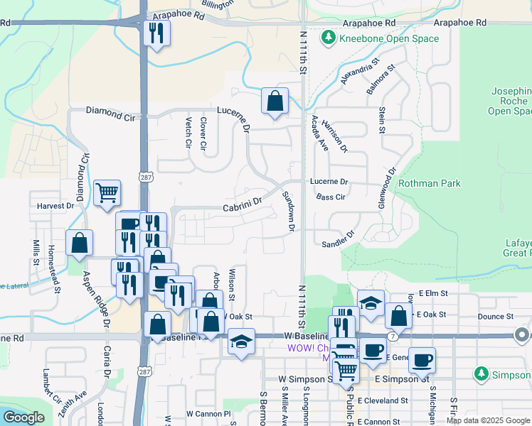 map of restaurants, bars, coffee shops, grocery stores, and more near 617 San Juan Drive in Lafayette