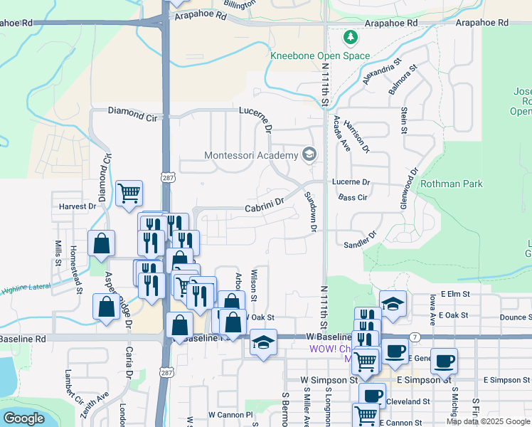 map of restaurants, bars, coffee shops, grocery stores, and more near 452 Levi Lane in Lafayette