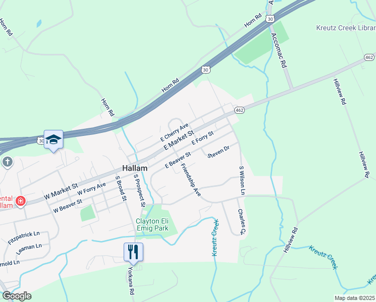 map of restaurants, bars, coffee shops, grocery stores, and more near 245 East Beaver Street in Hallam
