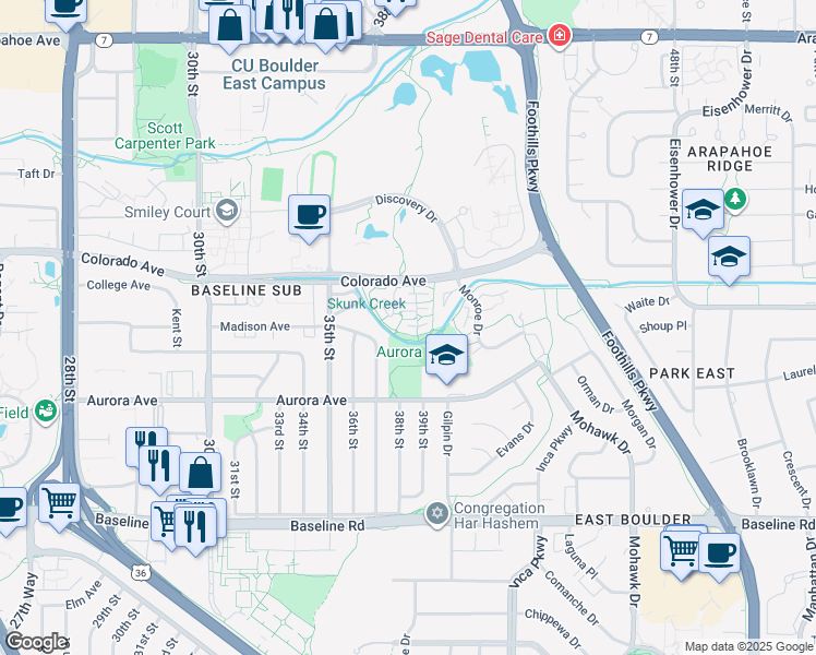 map of restaurants, bars, coffee shops, grocery stores, and more near 3820 Colorado Avenue in Boulder