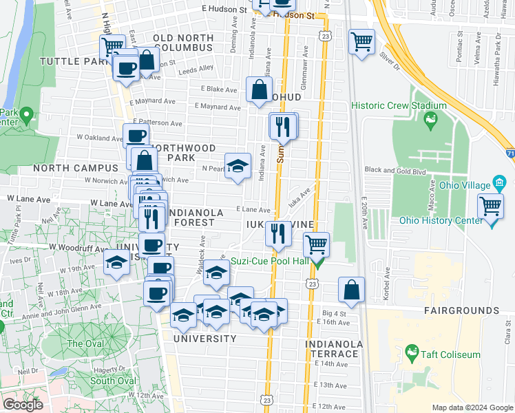 map of restaurants, bars, coffee shops, grocery stores, and more near 262 East Lane Avenue in Columbus