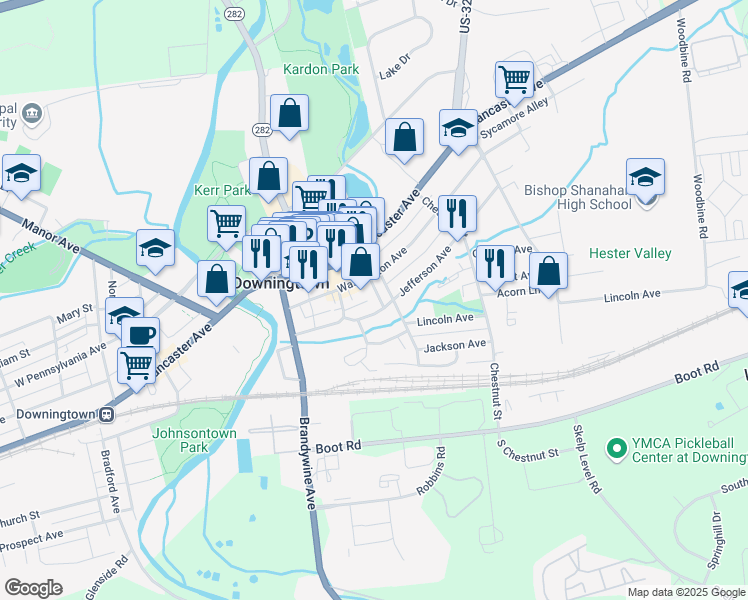map of restaurants, bars, coffee shops, grocery stores, and more near 15 Cherry Street in Downingtown