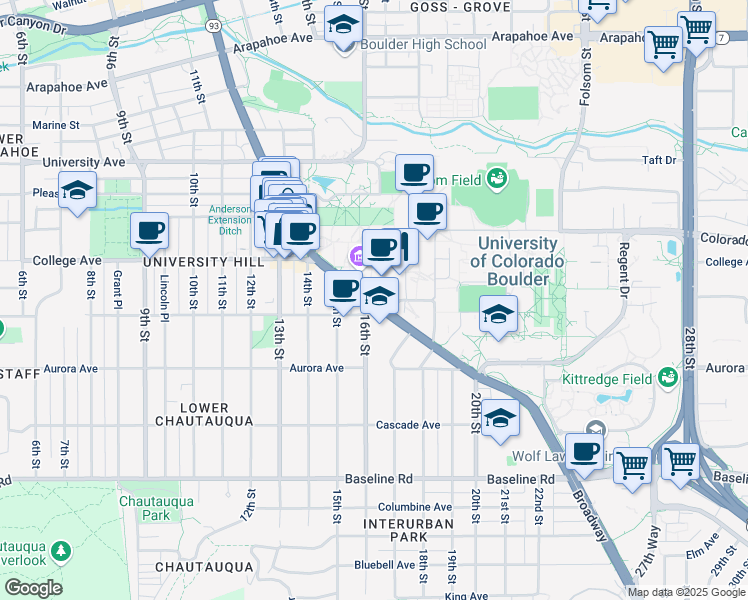 map of restaurants, bars, coffee shops, grocery stores, and more near Broadway & 16th St in Boulder