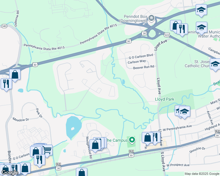 map of restaurants, bars, coffee shops, grocery stores, and more near 344 Carlyn Court in Downingtown