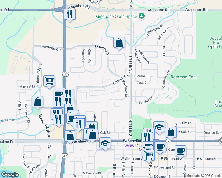 map of restaurants, bars, coffee shops, grocery stores, and more near 660 Amelia Lane in Lafayette