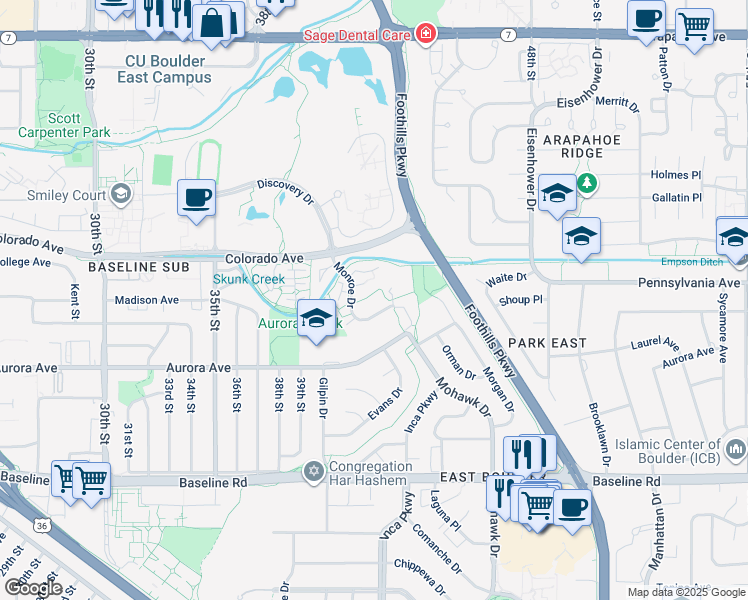 map of restaurants, bars, coffee shops, grocery stores, and more near 4217 Monroe Drive in Boulder