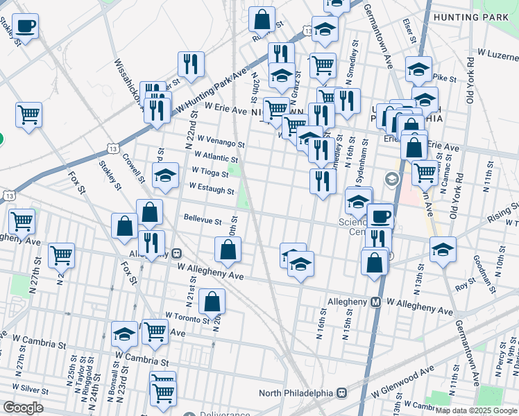 map of restaurants, bars, coffee shops, grocery stores, and more near 3416 North 19th Street in Philadelphia
