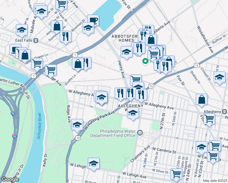 map of restaurants, bars, coffee shops, grocery stores, and more near 3200 North 32nd Street in Philadelphia