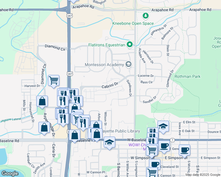 map of restaurants, bars, coffee shops, grocery stores, and more near 675 Amelia Lane in Lafayette