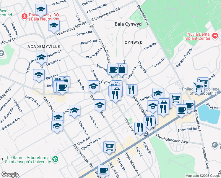 map of restaurants, bars, coffee shops, grocery stores, and more near in Bala Cynwyd