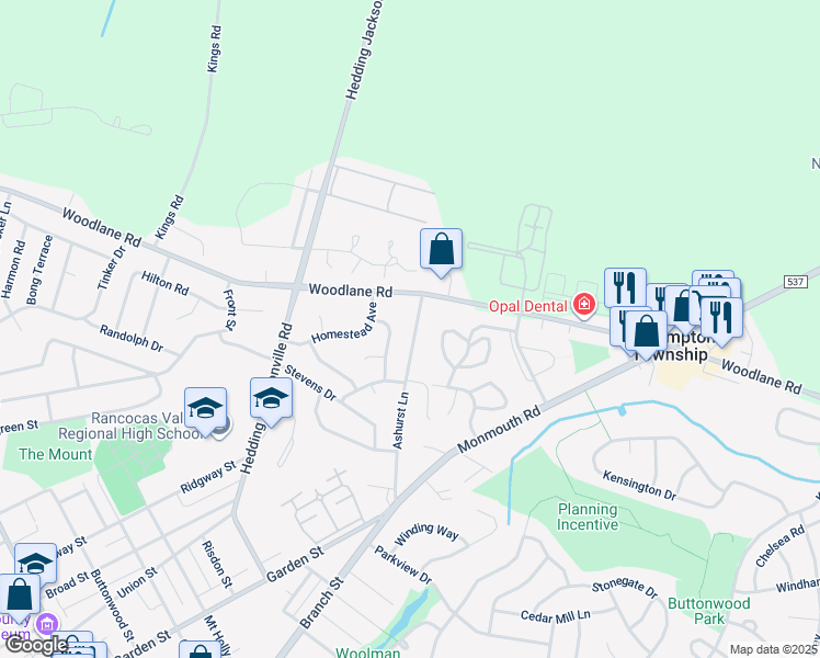 map of restaurants, bars, coffee shops, grocery stores, and more near 154 Ashurst Lane in Mount Holly