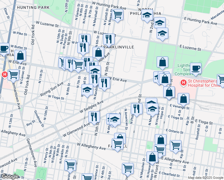 map of restaurants, bars, coffee shops, grocery stores, and more near 3611 North Lawrence Street in Philadelphia