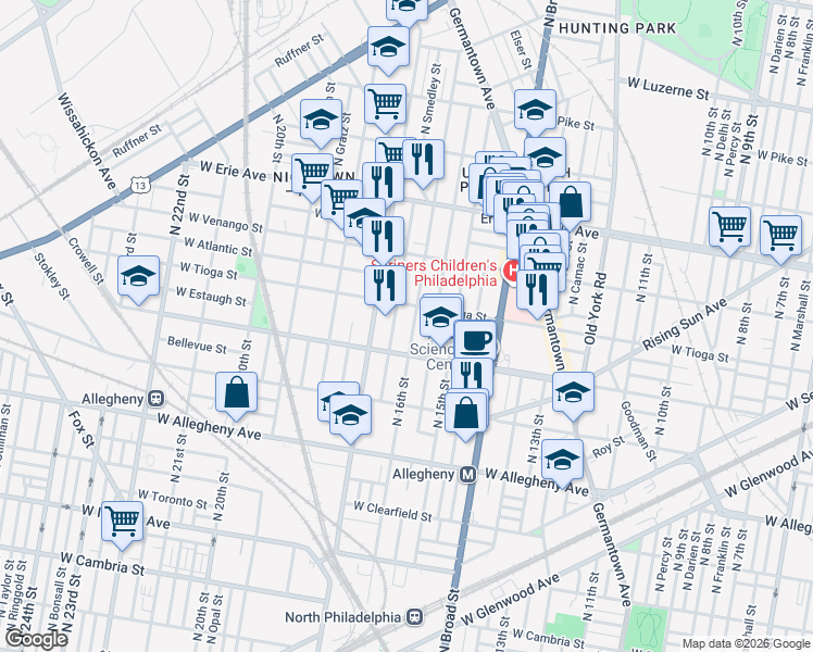 map of restaurants, bars, coffee shops, grocery stores, and more near 3436 North 16th Street in Philadelphia
