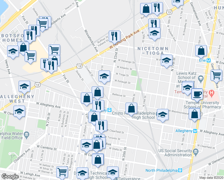 map of restaurants, bars, coffee shops, grocery stores, and more near 2141 West Ontario Street in Philadelphia