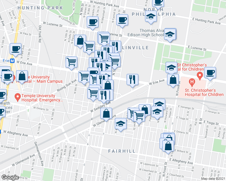map of restaurants, bars, coffee shops, grocery stores, and more near 3607 North 5th Street in Philadelphia