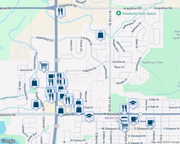 map of restaurants, bars, coffee shops, grocery stores, and more near 675 Amelia Lane in Lafayette