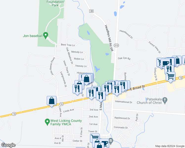 map of restaurants, bars, coffee shops, grocery stores, and more near in Pataskala
