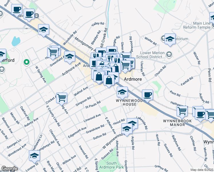 map of restaurants, bars, coffee shops, grocery stores, and more near 14 Simpson Road in Ardmore