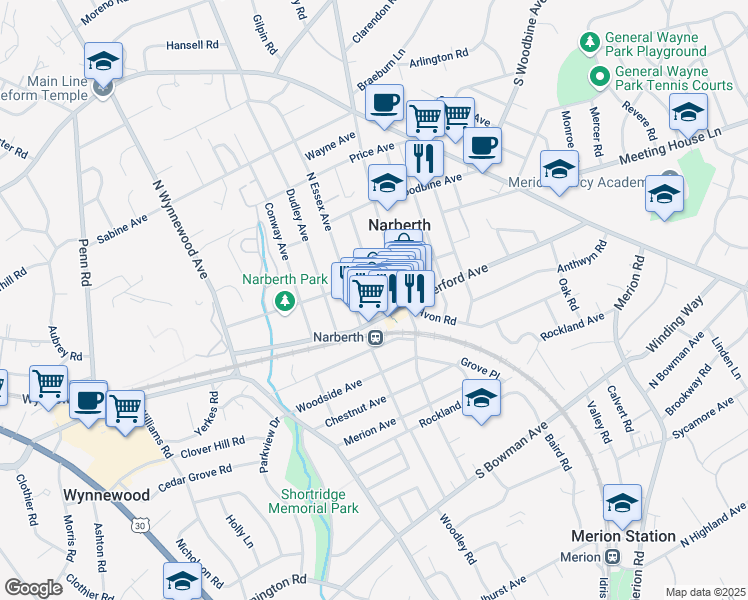 map of restaurants, bars, coffee shops, grocery stores, and more near 108 Forrest Avenue in Narberth