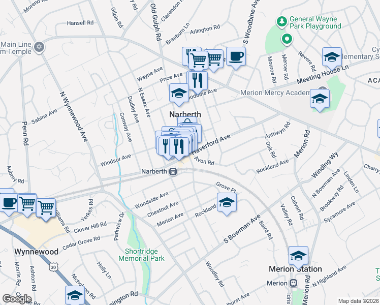 map of restaurants, bars, coffee shops, grocery stores, and more near 101 North Narberth Avenue in Narberth