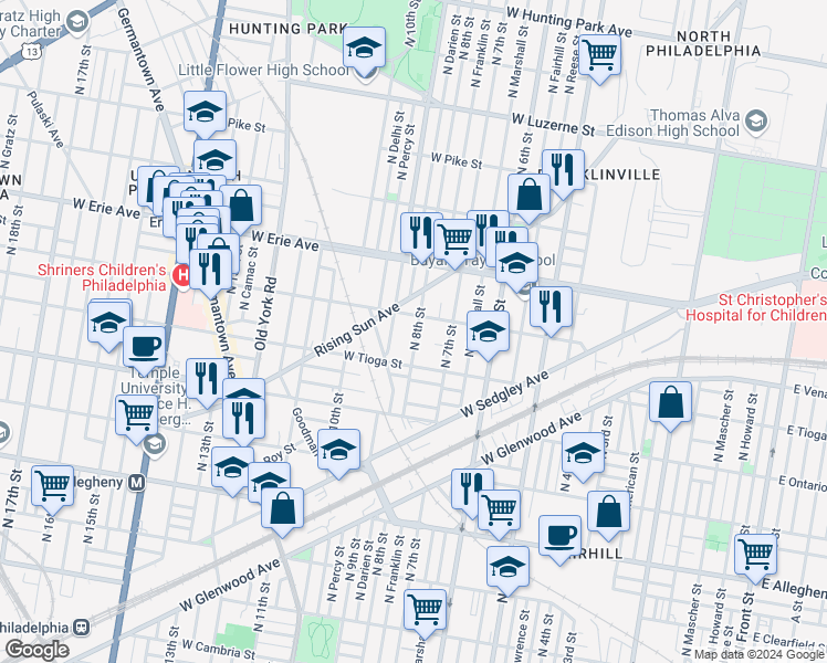 map of restaurants, bars, coffee shops, grocery stores, and more near 3534 North 8th Street in Philadelphia