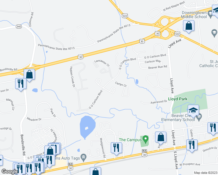 map of restaurants, bars, coffee shops, grocery stores, and more near 190 Chester Court in Downingtown
