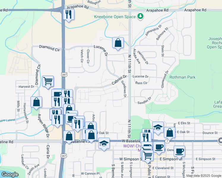 map of restaurants, bars, coffee shops, grocery stores, and more near 654 Amelia Lane in Lafayette