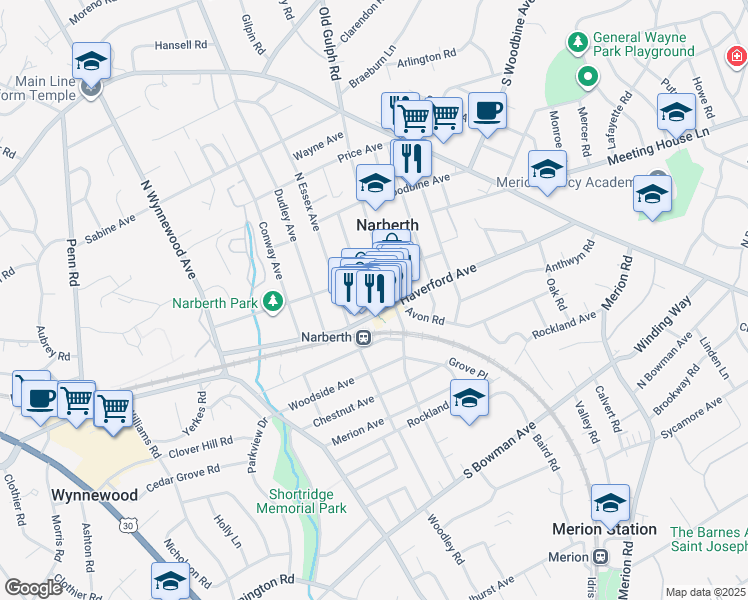 map of restaurants, bars, coffee shops, grocery stores, and more near 144 North Narberth Avenue in Narberth