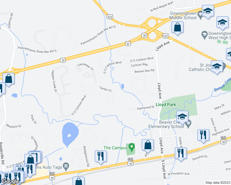map of restaurants, bars, coffee shops, grocery stores, and more near 312 Carlyn Court in Downingtown