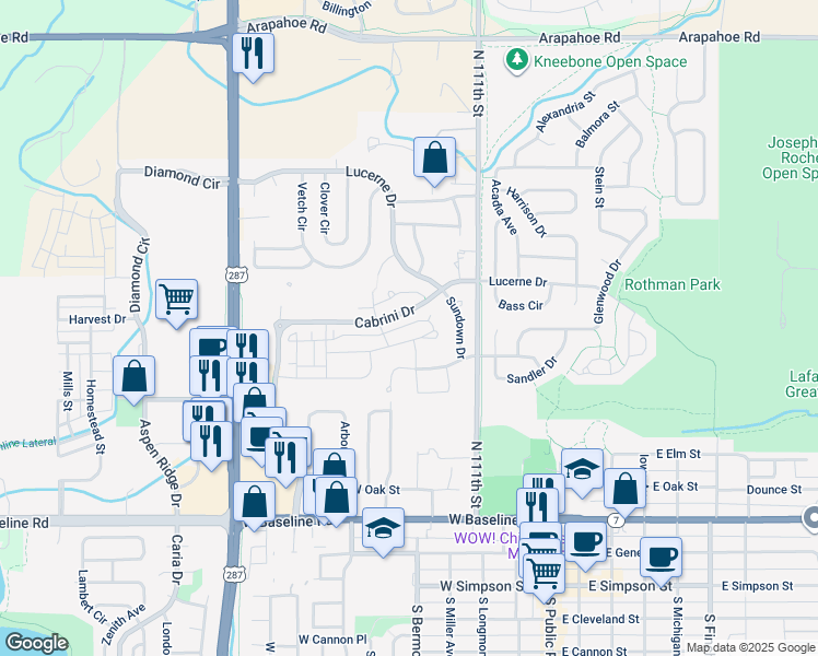 map of restaurants, bars, coffee shops, grocery stores, and more near 654 Amelia Lane in Lafayette