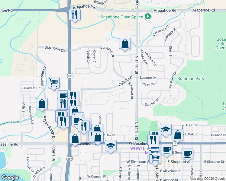 map of restaurants, bars, coffee shops, grocery stores, and more near 671 Amelia Lane in Lafayette