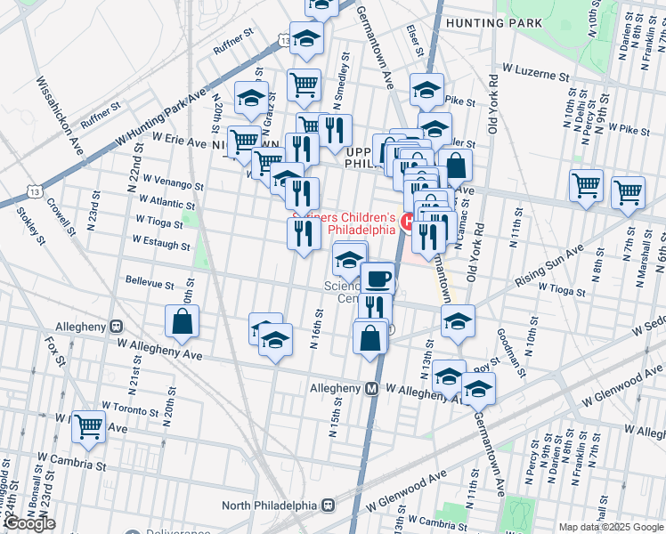 map of restaurants, bars, coffee shops, grocery stores, and more near 3433 North 16th Street in Philadelphia