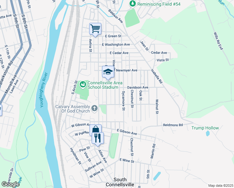 map of restaurants, bars, coffee shops, grocery stores, and more near 1204 Vine Street in Connellsville