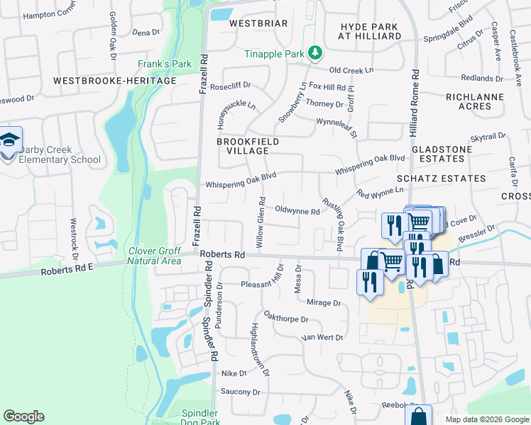 map of restaurants, bars, coffee shops, grocery stores, and more near 2709 Willow Glen Road in Hilliard