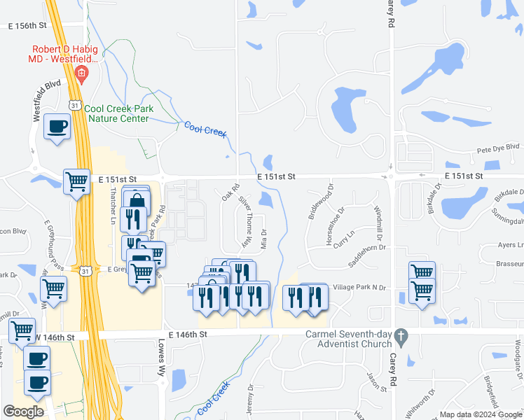 map of restaurants, bars, coffee shops, grocery stores, and more near 2620 Mae Circle in Carmel