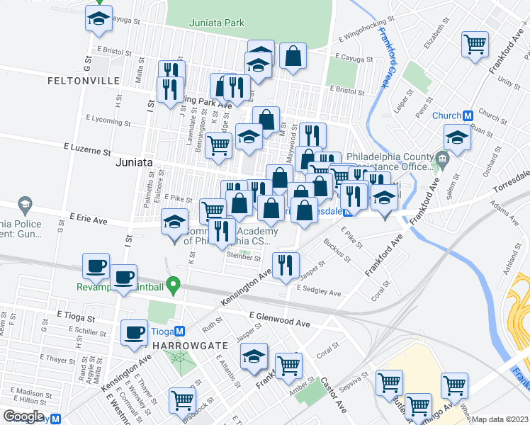 map of restaurants, bars, coffee shops, grocery stores, and more near 3892 M Street in Philadelphia