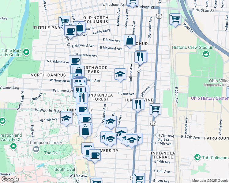 map of restaurants, bars, coffee shops, grocery stores, and more near 196 East Lane Avenue in Columbus