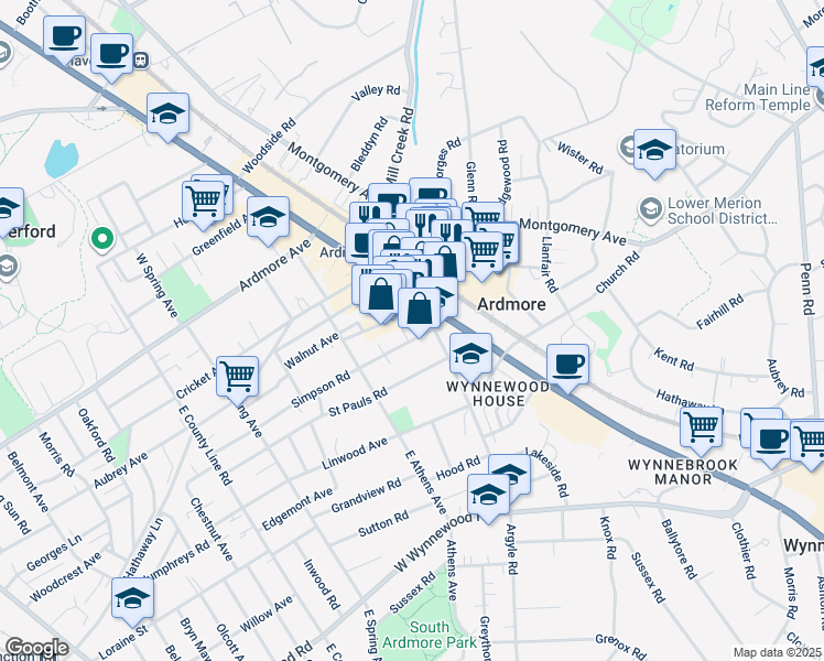 map of restaurants, bars, coffee shops, grocery stores, and more near 14 Simpson Road in Ardmore