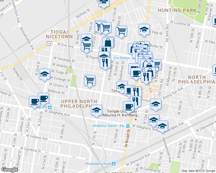 map of restaurants, bars, coffee shops, grocery stores, and more near 3437 N Smedley St in Philadelphia